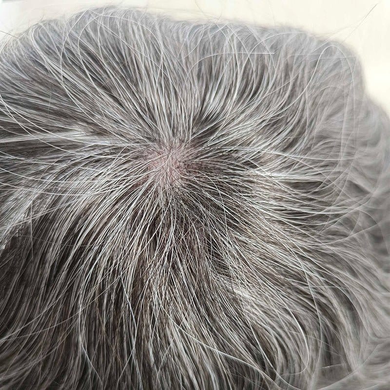 Feycici 0.03mm ultra-thin skin men's hair system with invisible V-loop bio-scalp toupee, showcasing natural hair coverage.