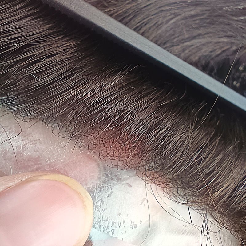 Feycici ultra-thin skin men's hair system with invisible V-loop bio-scalp toupee, showing realistic hair attachment and scalp coverage.
