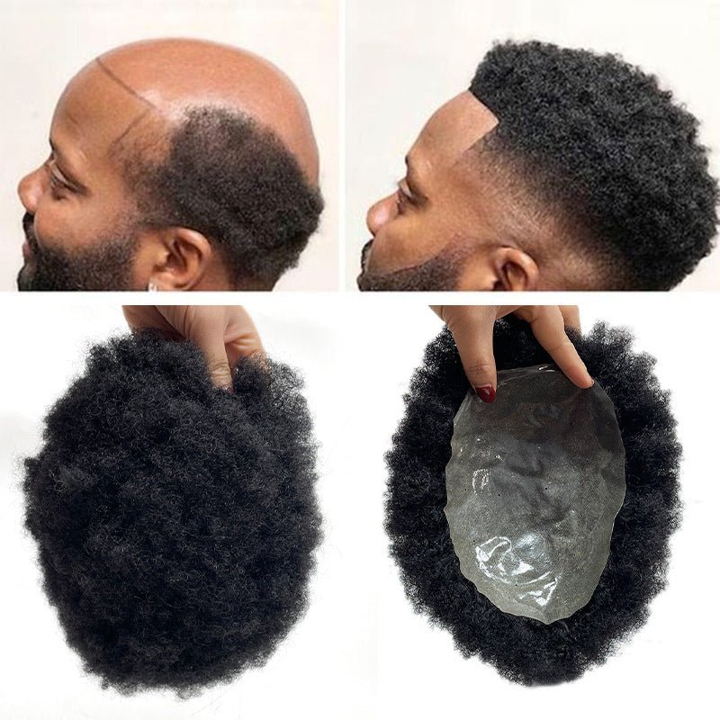 Mens Afro Kinky Curly Toupee - Full PU Bio-Skin Base V-Looped Human Hair Replacement System