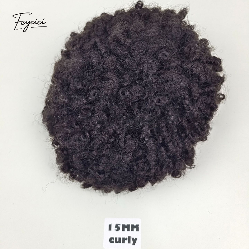 Mens Multi-Texture Wool Curl Toupee - Full PU Skin Base Hair System with Reverse Split Knot