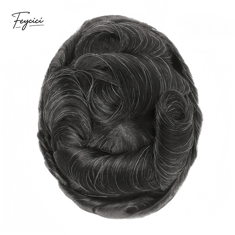 Feycici 8x10 inch invisible thin skin hair system for men with natural hair and V-loop front, designed for daily wear.