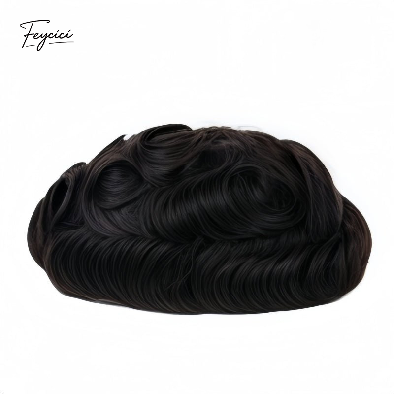 Feycici Invisible PU Hair System for Men with natural hand-tied full hair piece, ultra 0.12mm thick, showcasing realistic hair density.