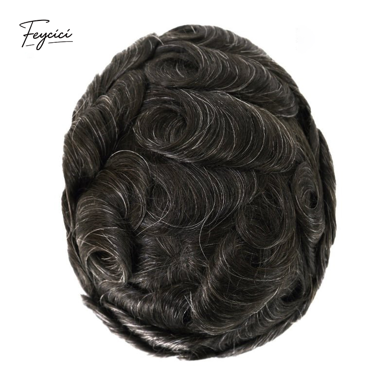 Feycici 8x10 inch Invisible Thin Skin hair system for men in black, natural hair piece designed for daily wear.