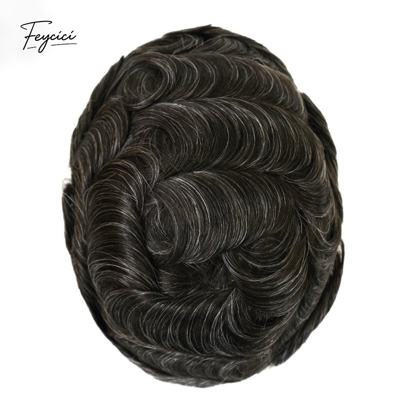 Feycici 8x10 inch invisible thin skin hair system for men with natural black hair, ideal for daily wear and seamless blend.