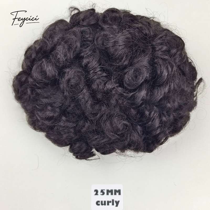 Mens Multi-Texture Wool Curl Toupee - Full PU Skin Base Hair System with Reverse Split Knot