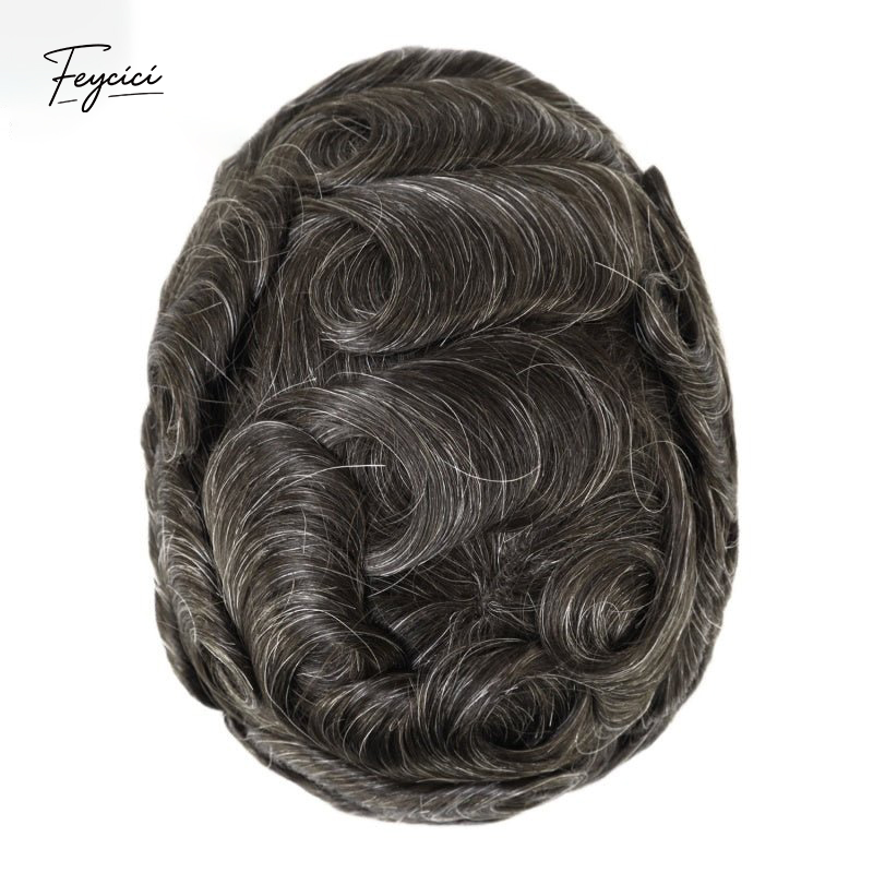 Feycici 8x10 inch mono with poly hair system for men showing natural hair piece with 130% density and free styling options.