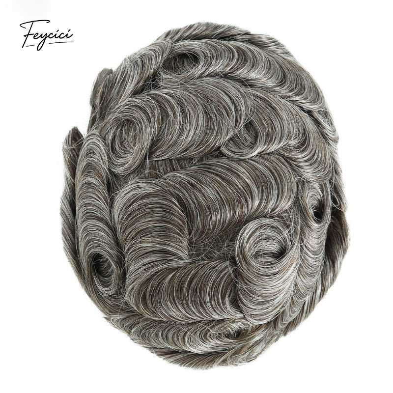 Feycici 8x10 inch invisible thin skin hair system for men with V loop front, full hand-tied natural hair piece.