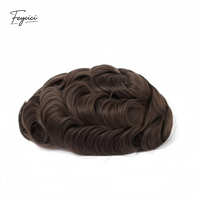 Feycici invisible PU hair system for men with natural full hand-tied hair, ultra 0.12mm thick, realistic hair piece.