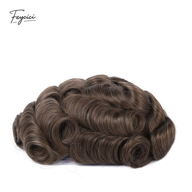 Feycici invisible full lace hair system for men, natural hand-tied full coverage with 130% density, showcasing realistic hairpiece.
