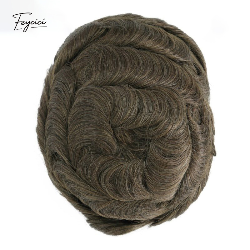 Feycici men's 8x10 inch mono with poly hair system, natural hair piece with 130% density, free style, visible natural hair and base.