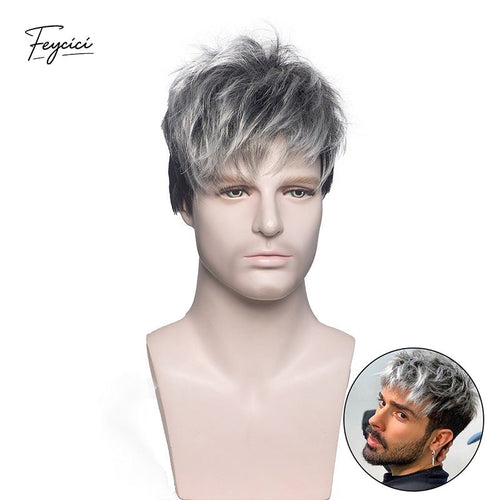 8" Mens Textured Shaggy Wig - Grey Mix Synthetic Short Straight Hair1
