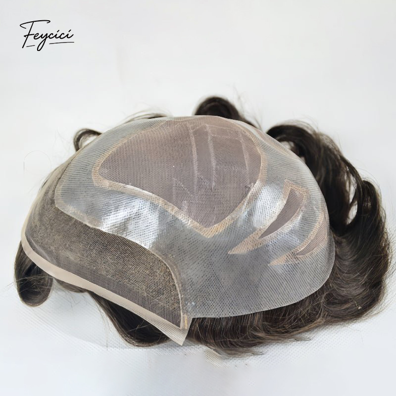 8x10 inch Feycici durable lace top with PU hair system for men, natural hair piece with 130% density, realistic and lightweight.