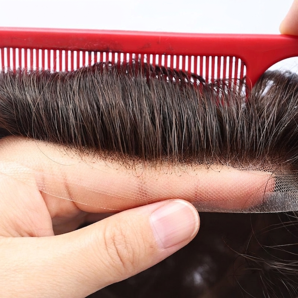 Feycici 8x10 inch durable lace top with PU hair system for men, natural-looking hair piece with 130% density visible in the image.