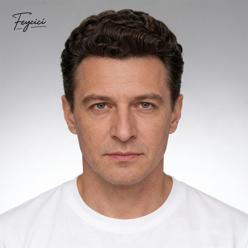 Feycici 8x10 inch invisible thin skin hair system for men in black, natural-looking hair piece designed for daily wear.