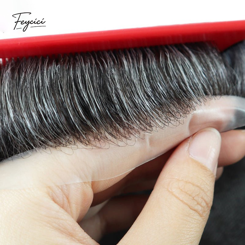 Feycici 8x10 inch invisible thin skin hair system for men with V loop front, natural look, designed for daily wear.