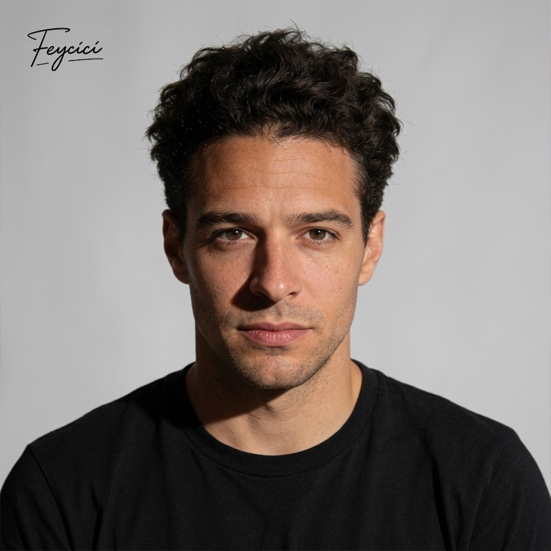 Feycici 8x10 inch invisible thin skin hair system for men with natural hair and V loop front, designed for daily wear.