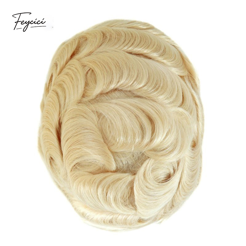 Feycici 8x10 inch invisible thin skin hair system for men with natural hair and V loop front, free style for a seamless look.