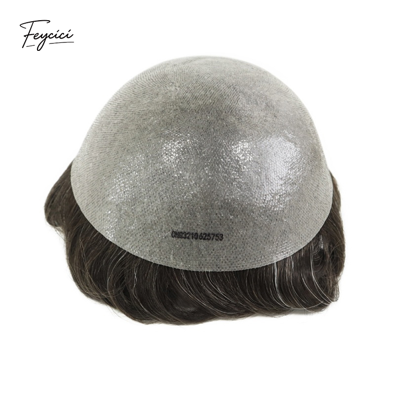 Feycici 8x10 inch super thin skin hair system for men with natural hair, V loop toupee, free style hairpiece on a white background.