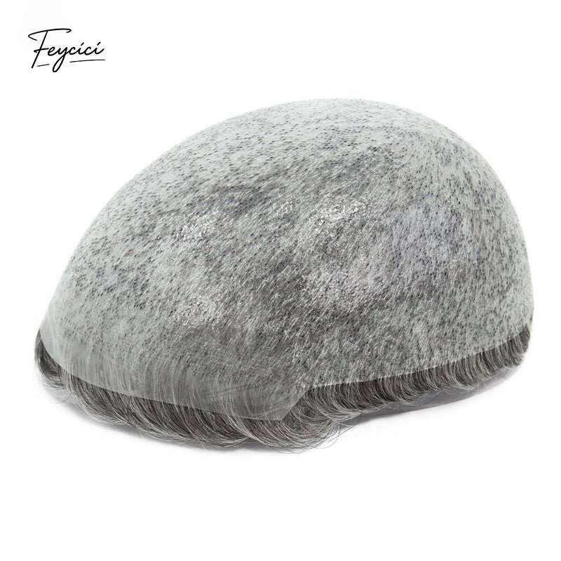 Feycici 8x10 inch invisible thin skin hair system for men with natural hair, V loop front, full hand-tied lace base, realistic appearance