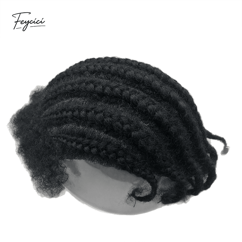 Braided Toupee for Men - Hand-Tied Human Hair Cornrow Afro Kinky Curly Hairpiece