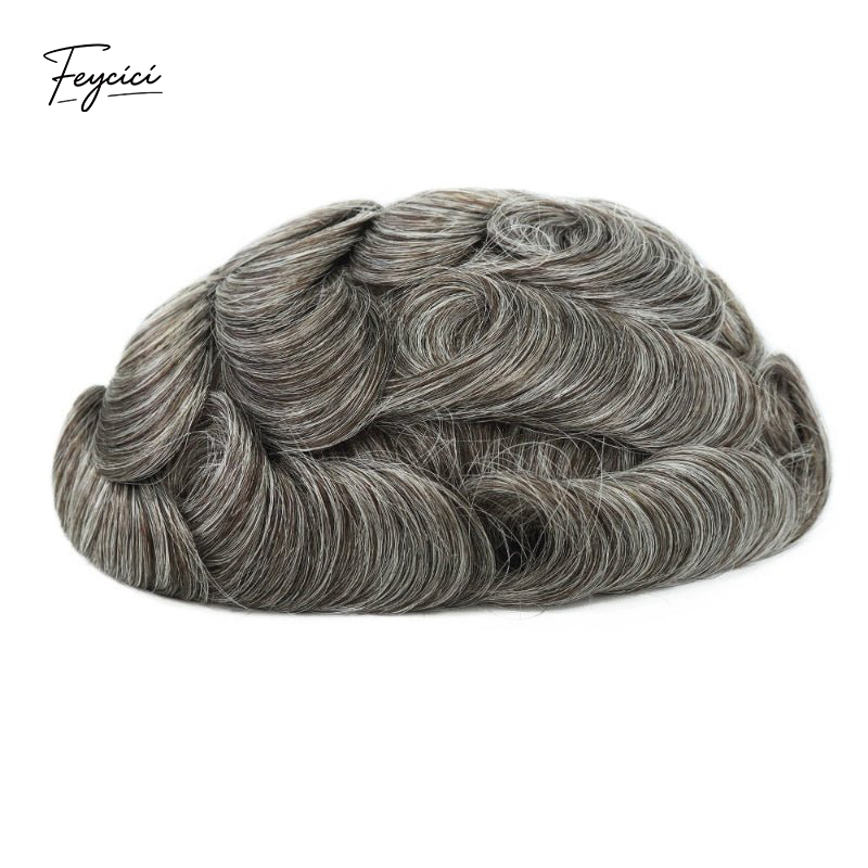 Feycici 8x10-inch invisible thin skin hair system for men with V loop front, full hand-tied natural hair piece.