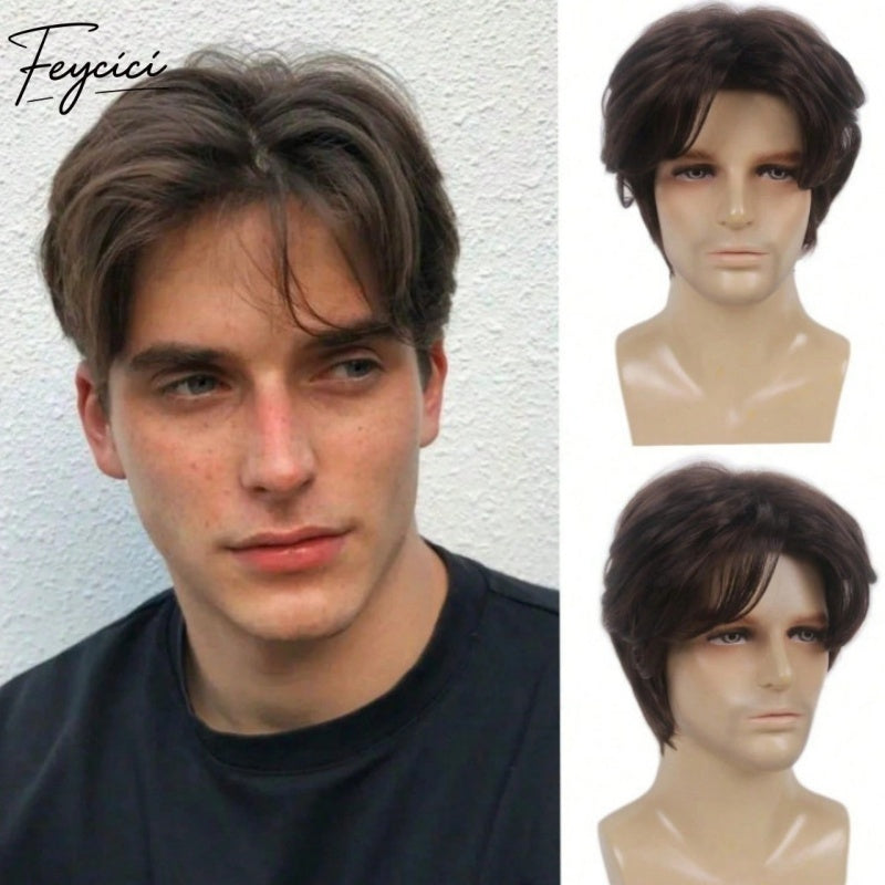 Feycici Brown Men's Hairpiece| Fiber Hair| Adjustable Rose Mesh Lace Base