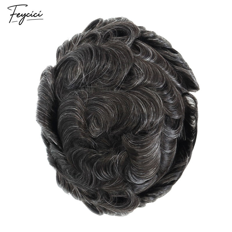 Feycici Lace Top With PU Durable Invisible Brown Black With Gery Mens Toupee