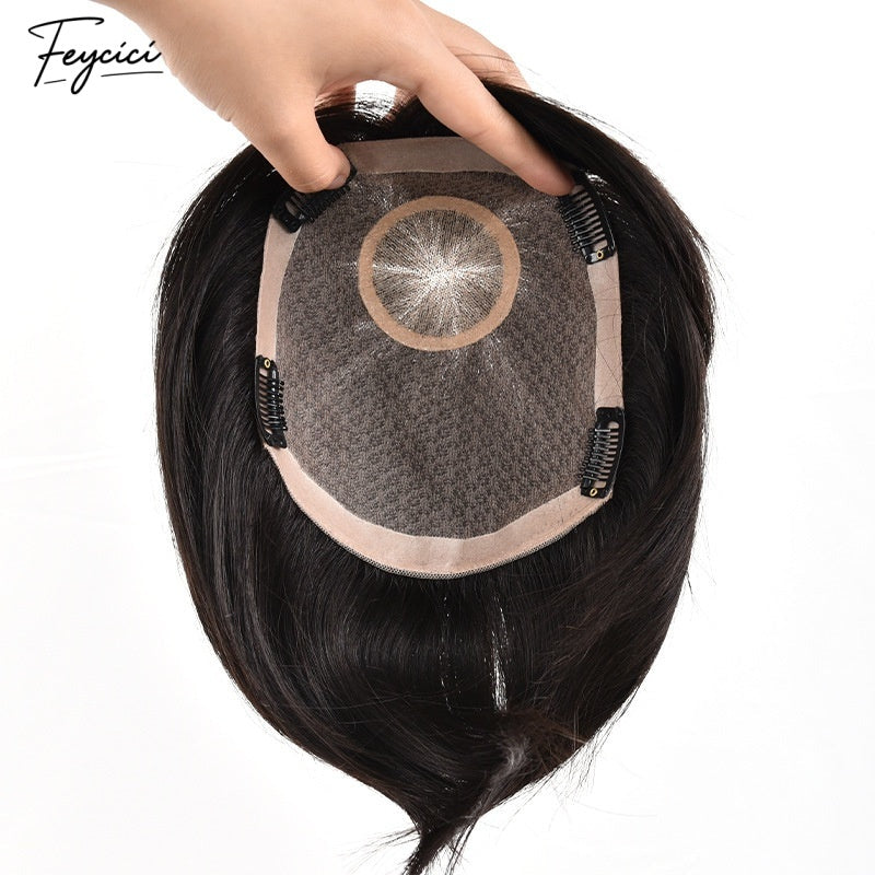 Feycici Mono Durable Invisible Hand-knitted Needle Twist Natural Black Mens Toupee