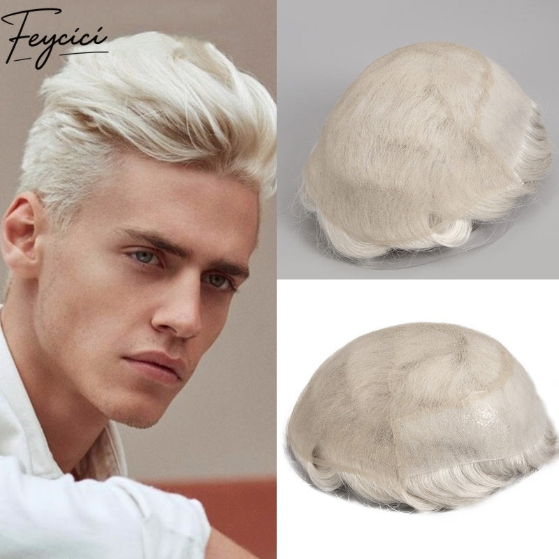 Feycici White Men's Hairpiece| Real Man Hair| Breathable Invisible Thin Skin Base
