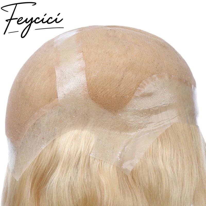 Lace Top With PU Mens Wigs Baldness-Blonde Natural Hair Piece- Free Style Toupee6