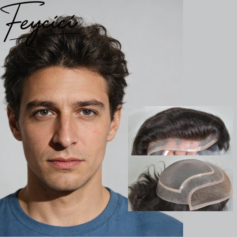 Lace With Pu Mono Mens Wigs Baldness-Natural Hair Piece-Free Style Hair System Toupee