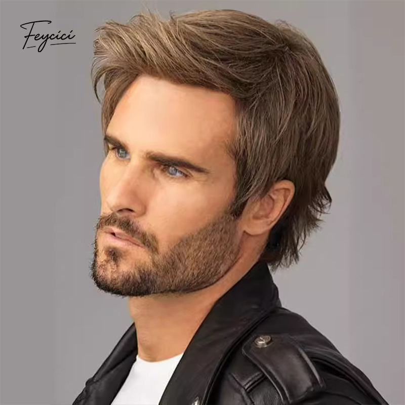 Men's Brown Swept-Back Short Layered Wig – Voluminous Synthetic Rose Net Wig