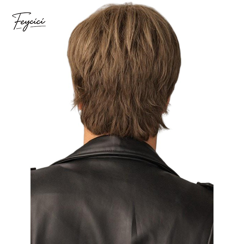Men's Brown Swept-Back Short Layered Wig – Voluminous Synthetic Rose Net Wig