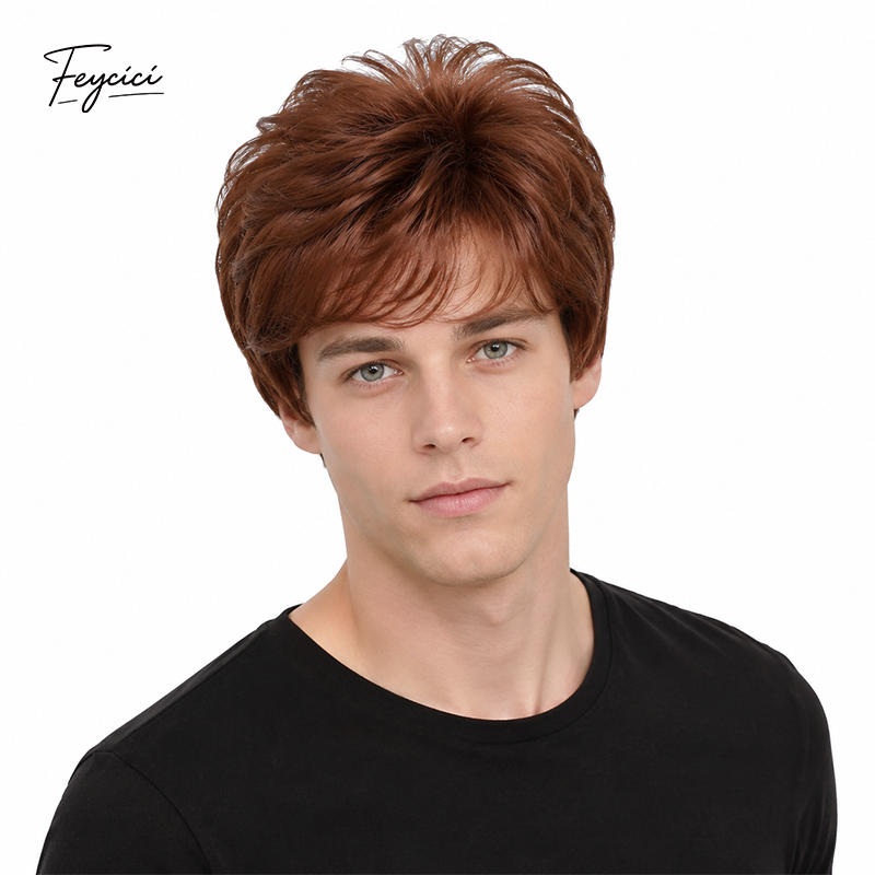Men's Dark Brown Short Wavy Wig – 10-Inch Layered Synthetic Rose Net Wig