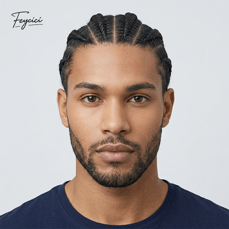 Men's Full Skin Braided Hair System - 100% Hand-Tied Human Hair Cornrows - Invisible Poly Base Textured Toupee