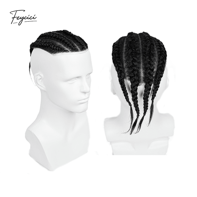 Men's Full Skin Braided Hair System - 100% Hand-Tied Human Hair Cornrows - Invisible Poly Base Textured Toupee