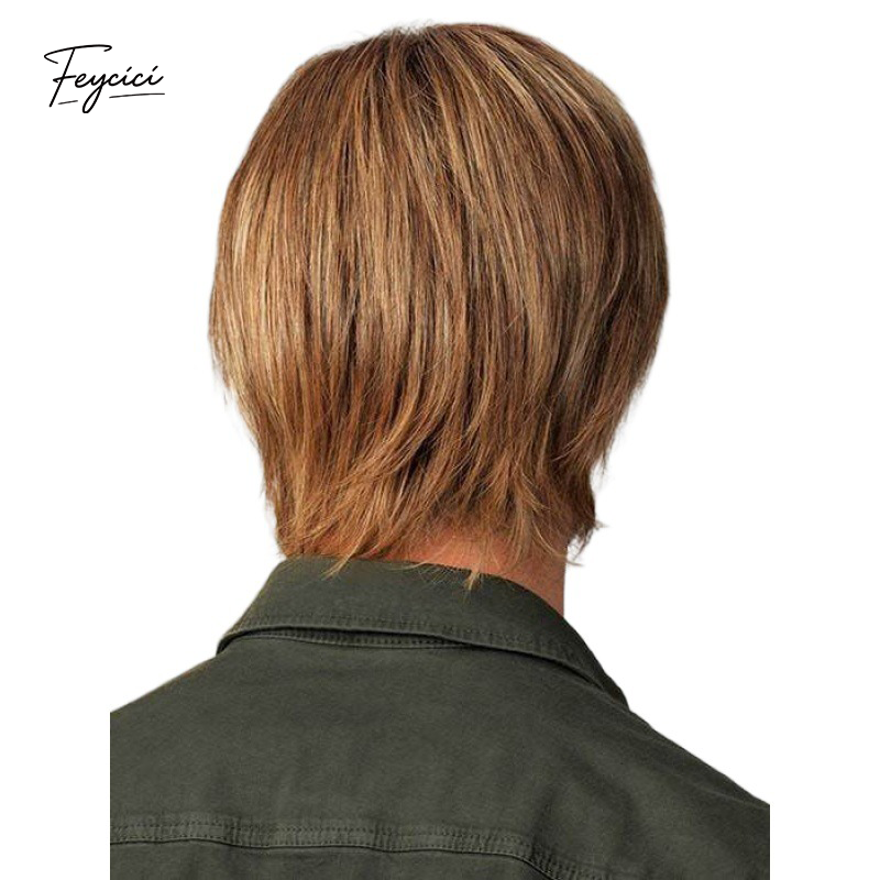 Men's Golden Brown Short Straight Wig – Layered Side-Swept Synthetic Wig