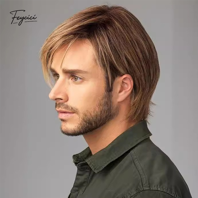 Men's Golden Brown Short Straight Wig – Layered Side-Swept Synthetic Wig