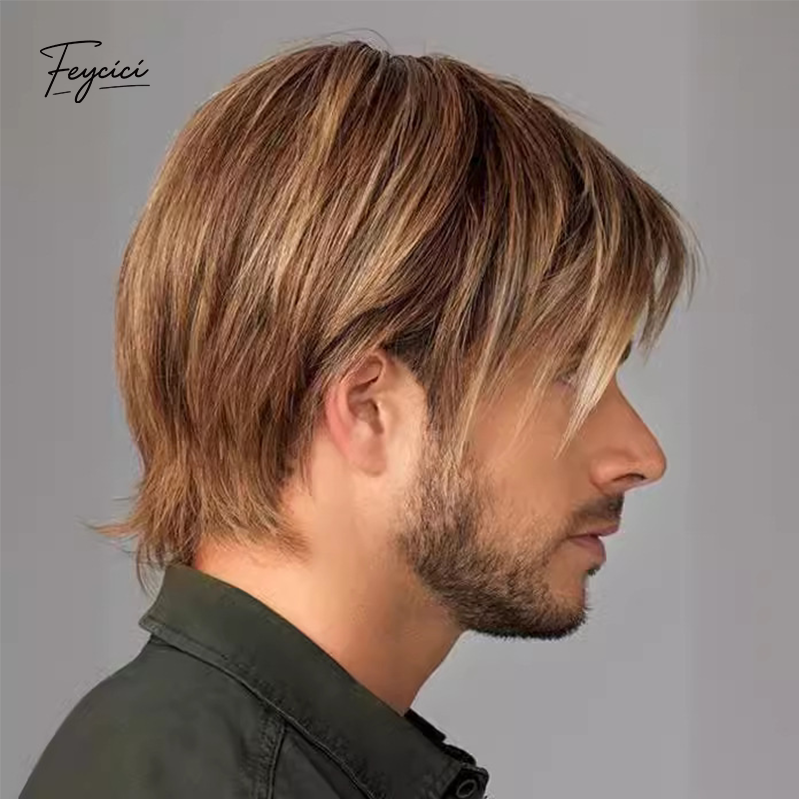 Men's Golden Brown Short Straight Wig – Layered Side-Swept Synthetic Wig