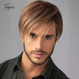 Men's Golden Brown Short Straight Wig – Layered Side-Swept Synthetic Wig
