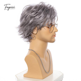 Men's Layered Grey Short Wavy Wig – Voluminous Side-Parted Synthetic Wig - Feycici