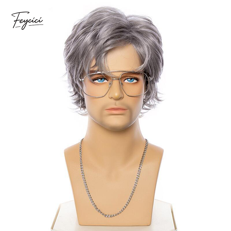 Men's Layered Grey Short Wavy Wig – Voluminous Side-Parted Synthetic Wig - Feycici