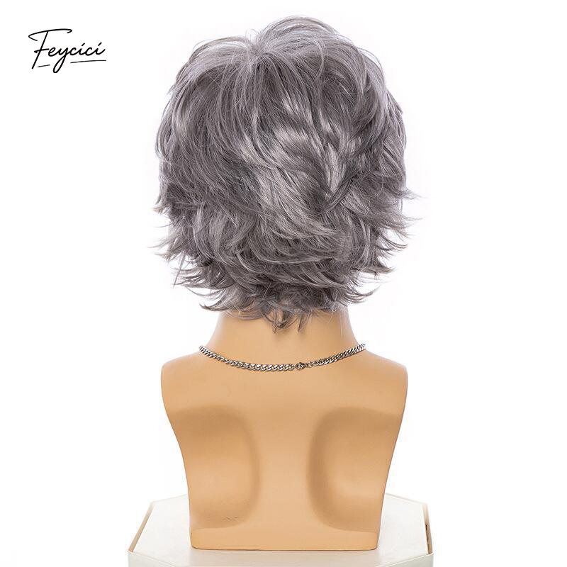 Men's Layered Grey Short Wavy Wig – Voluminous Side-Parted Synthetic Wig - Feycici