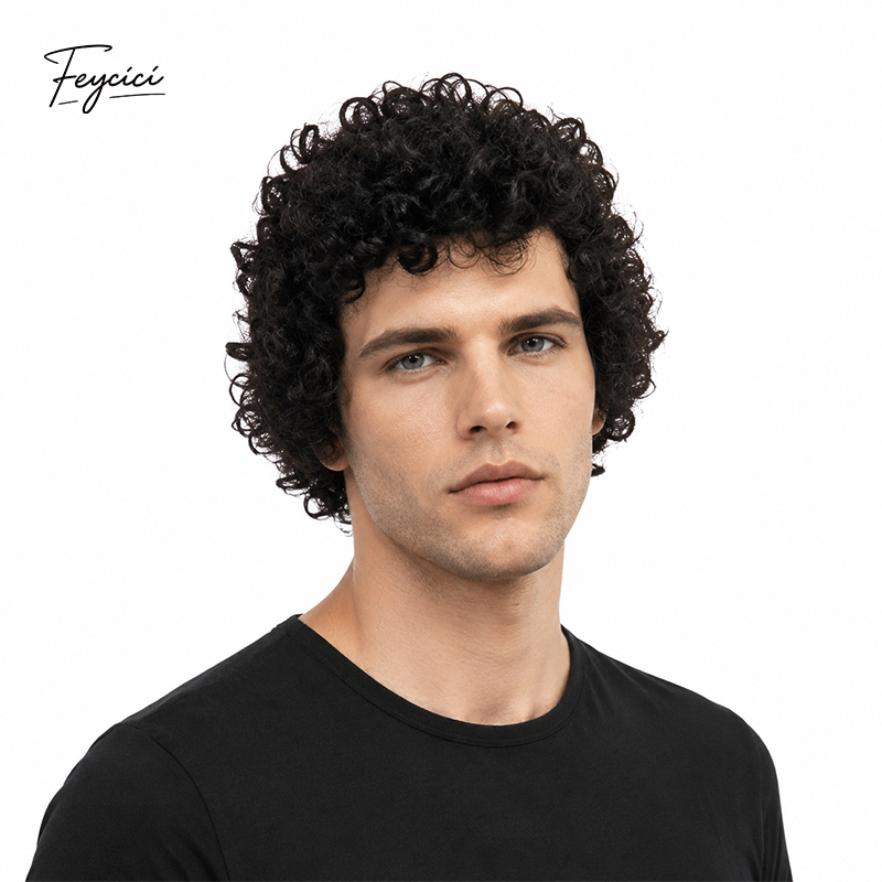 Men's Short Afro Kinky Curly Wig – Voluminous Synthetic Rose Net Full Wig - Feycici
