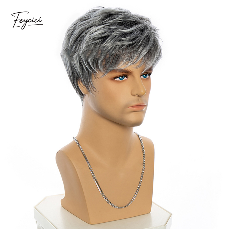 Men's Short Ombre Grey Wig – 6-Inch Heat-Resistant Synthetic Layered Full Wig - Feycici