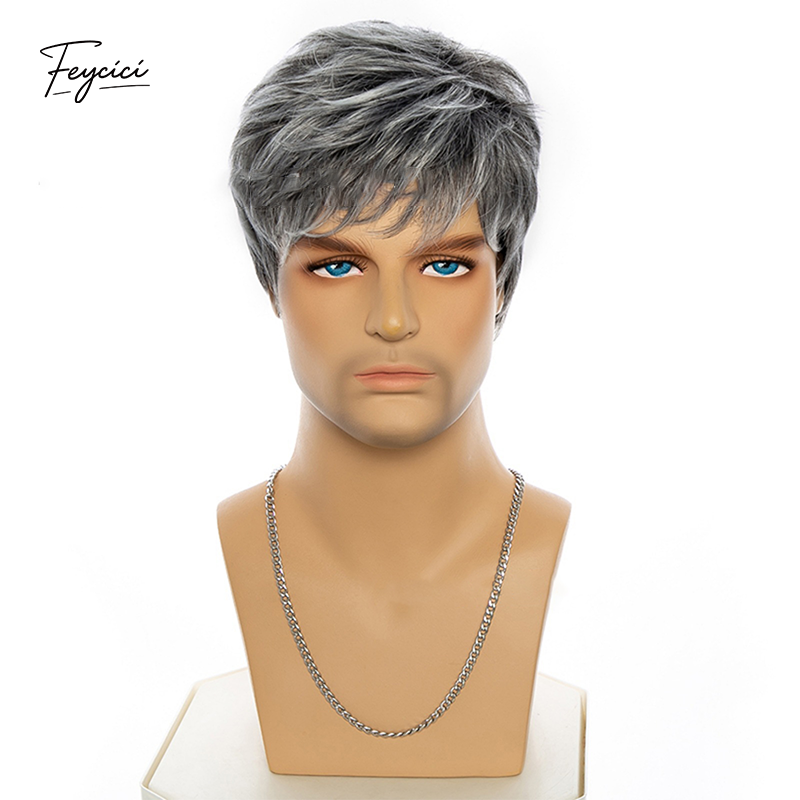 Men's Short Ombre Grey Wig – 6-Inch Heat-Resistant Synthetic Layered Full Wig - Feycici