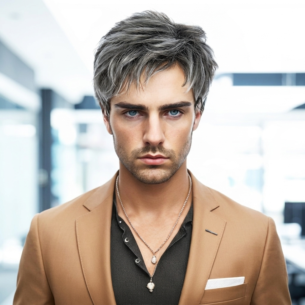 Men's Short Ombre Grey Wig – 6-Inch Heat-Resistant Synthetic Layered Full Wig - Feycici