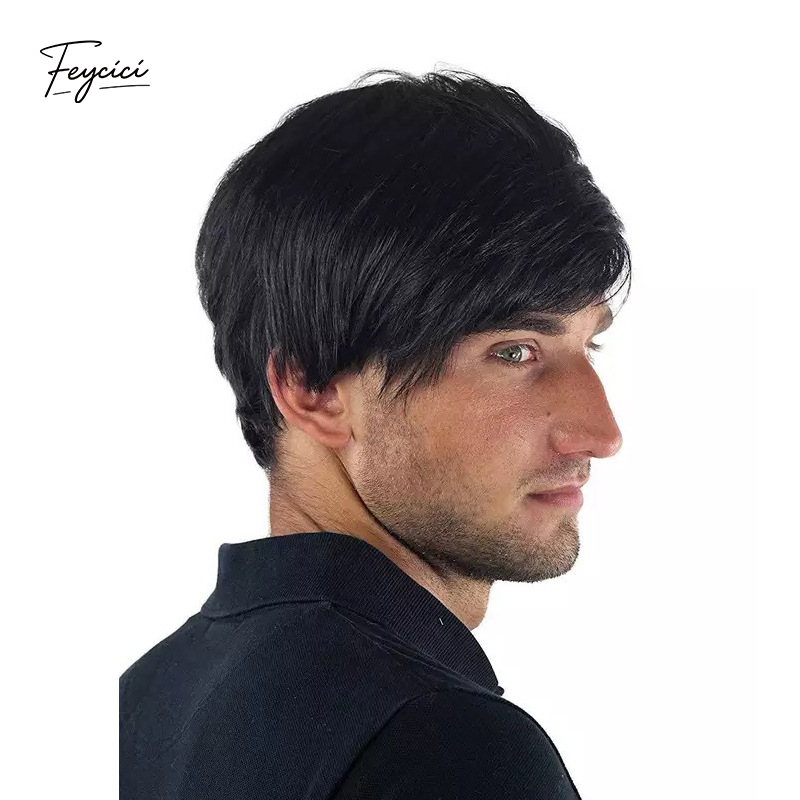 Men's Short Straight Synthetic Wig – Featherlight Rose Net Full Headpiece - Feycici