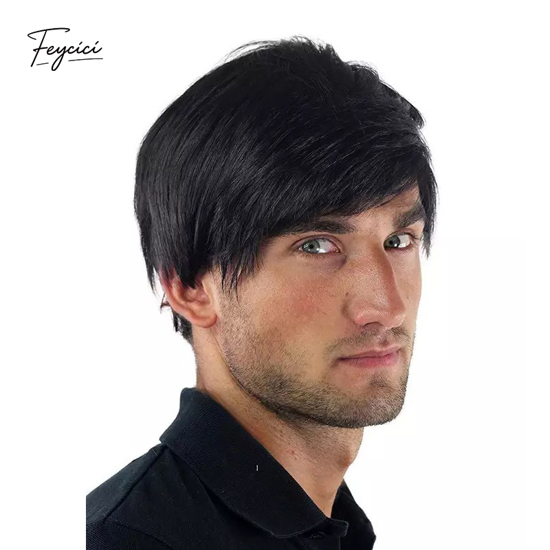Men's Short Straight Synthetic Wig – Featherlight Rose Net Full Headpiece - Feycici