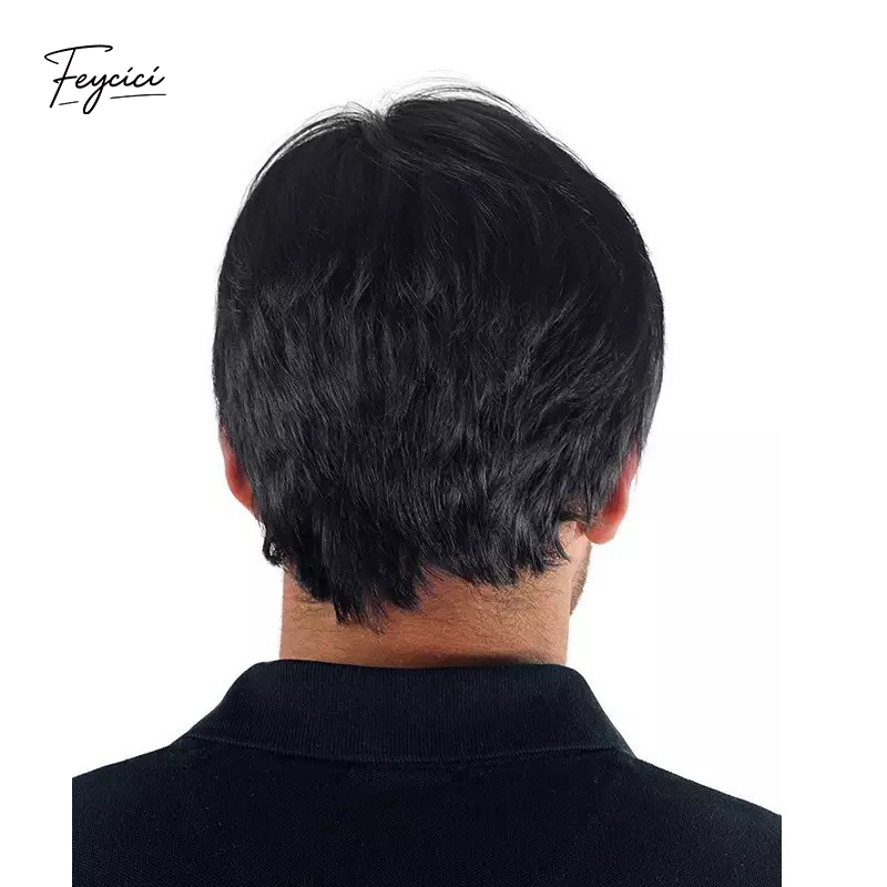 Men's Short Straight Synthetic Wig – Featherlight Rose Net Full Headpiece - Feycici